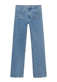 Light blue denim jeans with a straight-leg cut, featuring two back pockets and a standard waistband with a metal button closure.