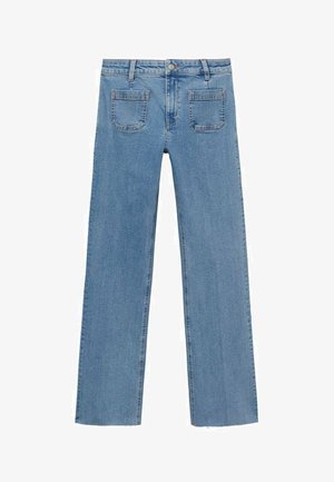 Lichtblauwe denim jeans met een rechte broekspijp, voorzien van twee achterzakken en een standaard tailleband met een metalen knoopsluiting.