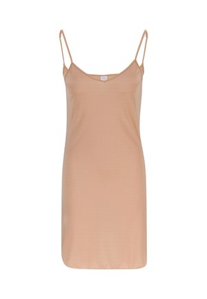 Light peach slip dress with thin spaghetti straps, made from smooth fabric. Features a V-neckline and a straight hemline. Simple and unembellished design.