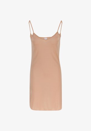 Helles Pfirsich-Slipkleid mit dünnen Spaghettiträgern, aus glattem Stoff gefertigt. Verfügt über einen V-Ausschnitt und einen geraden Saum. Einfaches und schmuckloses Design.