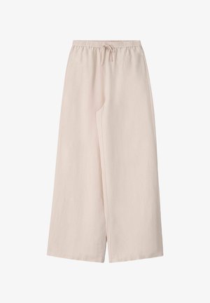 Beige wide-leg pants with elastic waistband and drawstring, made from lightweight fabric.