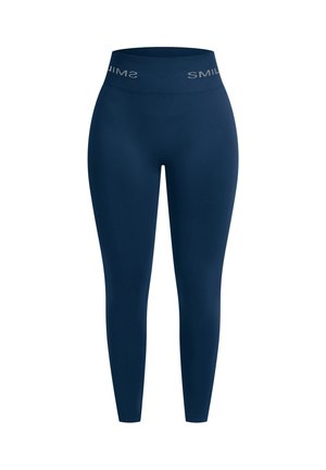 Donkerblauwe leggings met een hoge tailleband en een zilveren "SMIL" logo. Gemaakt van een gladde, rekbare stof voor een aansluitende pasvorm.