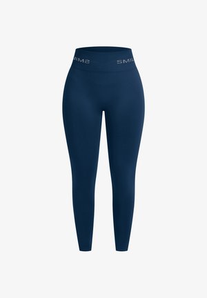 Donkerblauwe leggings met een hoge tailleband en een zilveren "SMIL" logo. Gemaakt van een gladde, rekbare stof voor een aansluitende pasvorm.