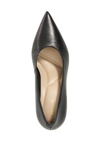 Black pointed-toe leather women's flat shoe with beige cushioned insole and gold "Dune London" branding inside.
