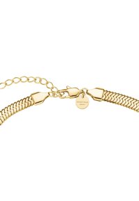 Bracciale in metallo dorato con un design a trama texturizzata, dotato di chiusura a gancio e catena regolabile con un'etichetta che recita "ROSEFIELD."