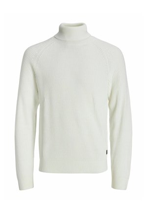 Pull en maille côtelée blanc avec col roulé, à manches longues, doté d'un col ajusté et d'un design d'épaule sans couture. Texture douce, silhouette moderne.