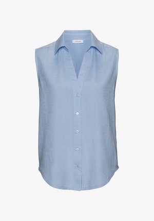 Ärmellose blassblaue Bluse mit V-Ausschnitt, Knopfleiste und abgerundetem Saum. Hergestellt aus leichtem Stoff und mit subtilem Muster.