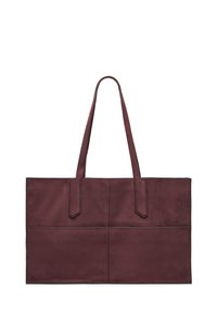 Torba na ramię z bordowej skóry o prostokątnym kształcie, z dwoma krótkimi uchwytami i widocznym przeszyciem. Charakteryzuje się gładką fakturą oraz przednim panelem z przeszyciami.