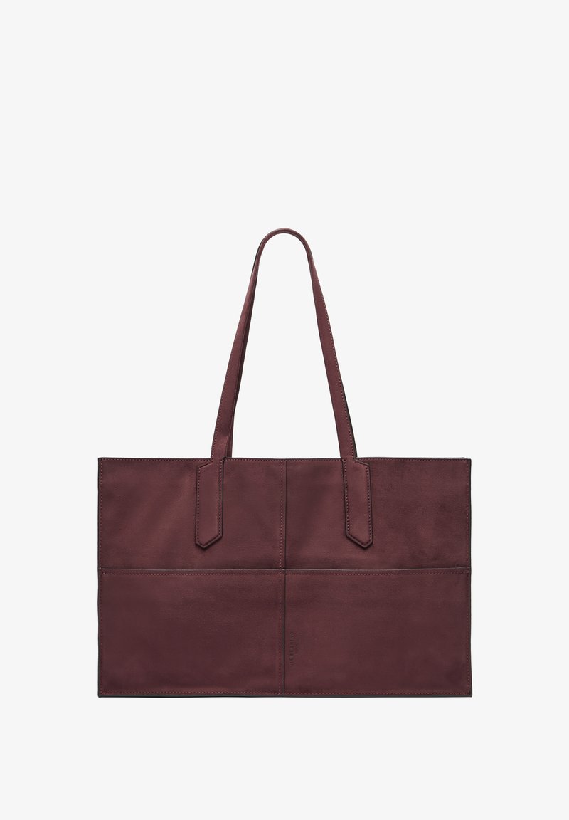 Borsa tote in pelle color granata con forma rettangolare, due manici corti e cuciture visibili. Presenta una texture liscia e un pannello frontale con cuciture.