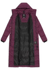 Long coat with a pink and black houndstooth pattern, featuring a black interior, a hood, and snap closures along the front.