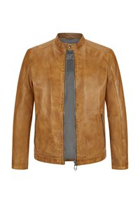 Helle Lederjacke mit Stehkragen, Reißverschluss und Seitentaschen. Glatte Textur, minimalistisches Design und gefüttertes Innere.
