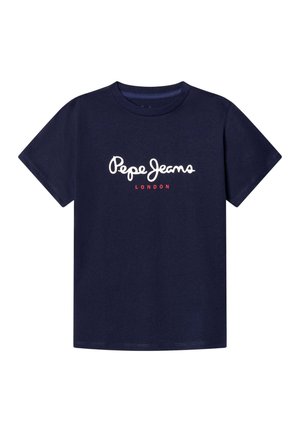 T-shirt blu navy a maniche corte con scritta bianca "Pepe Jeans" e piccolo testo rosso "LONDON" centrato sul davanti.