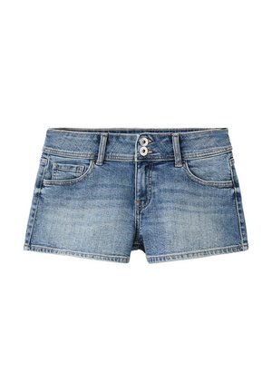 Short en jean bleu avec double boutonnière devant, passants pour ceinture, poches avant et poche monnaie, présenté sur fond blanc.
