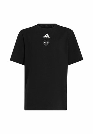 Schwarzes kurzärmeliges Adidas T-Shirt mit weißem Adidas-Logo über einem schwarzen Herz-Emblem mit weißen Augenformen.