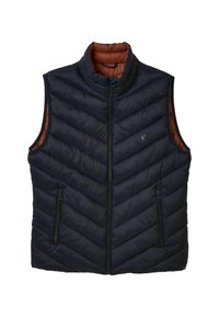 Schwarze gesteppte ärmellose Weste mit Frontreißverschluss, zwei Reißverschlusstaschen und orangefutter, mit einem kleinen Logo auf der Brust.