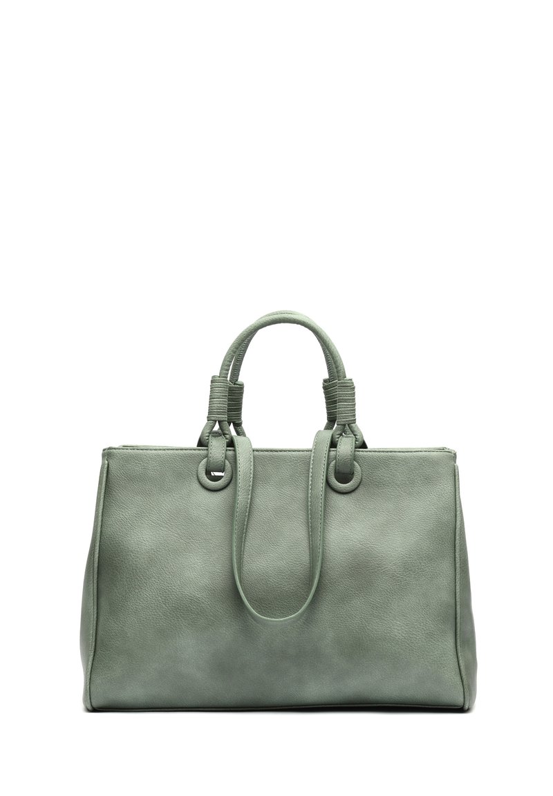 Vihreä nahkalaukku, jossa on teksturoitu pinta, varustettuna kaksinkertaisilla pyöreillä kahvoilla ja rengasaksentilla. Suorakulmainen muoto, minimalistinen muotoilu.