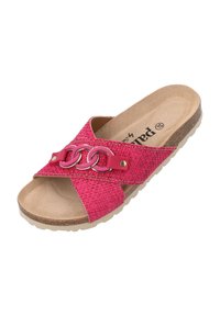 Sandalo slip-on rosa con texture intrecciata, accentato da una catena decorativa in metallo, plantare in sughero e suola in gomma leggera per una buona aderenza.