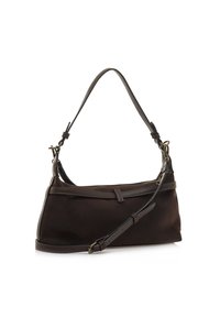 Bolso de ante marrón con una silueta elegante, que presenta un asa corta y una correa de hombro ajustable. Acentuado con bordes de cuero oscuro.