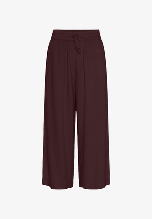 Pantaloni larghi bordeaux con vita elasticizzata e cordino. Tessuto morbido, vestibilità ampia e senza motivi visibili o accessori.