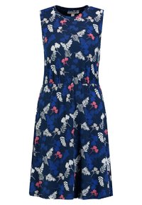 Robe sans manches à imprimé floral avec un col rond, présentant un fond marine et des motifs de feuilles colorées en rose, blanc et bleu. Taille élastique.