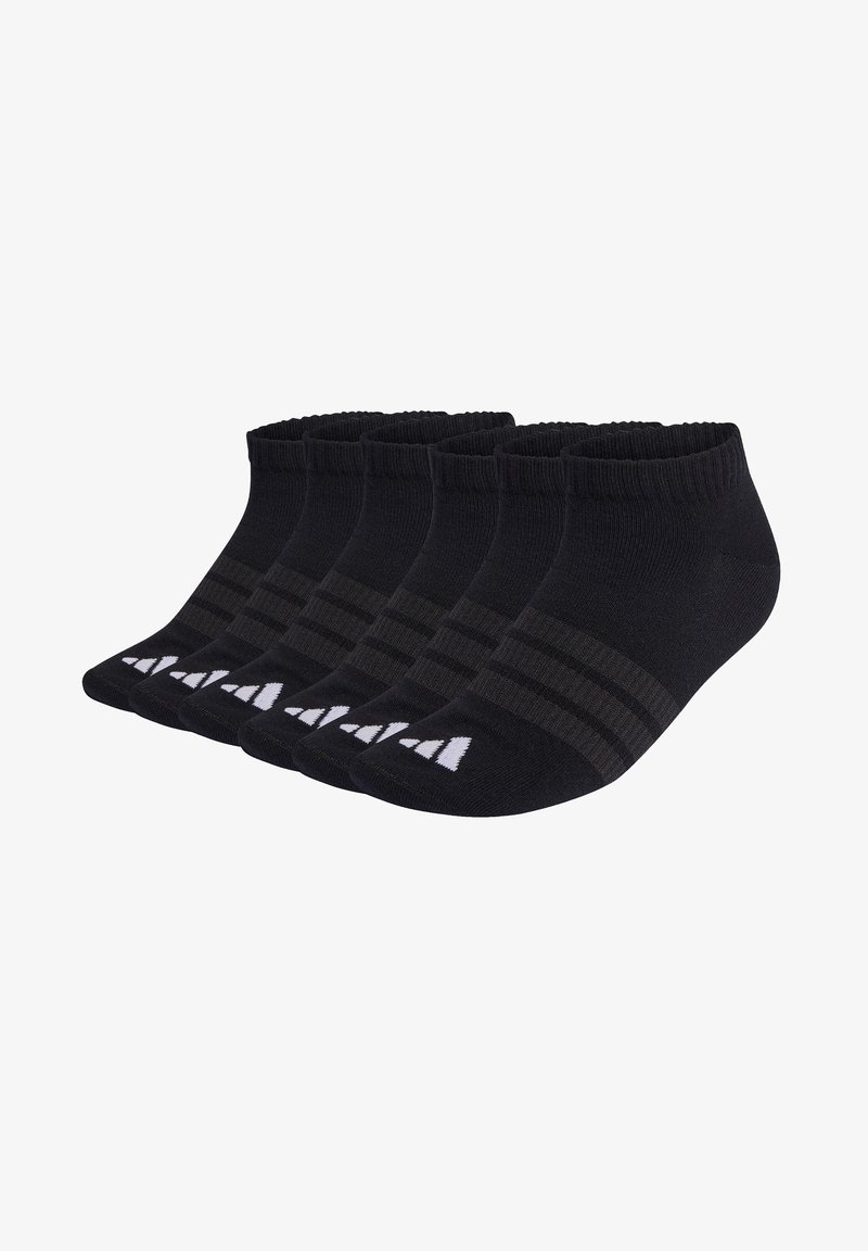Schwarze Knöchelsocken mit einem gerippten Bund, dunklem grauem Bandmuster und weißem Logo. Set mit fünf Paaren aus Baumwollmischung.