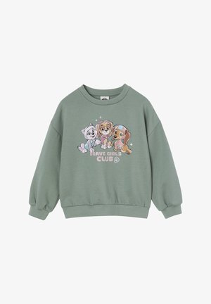 Green sweatshirt featuring a graphic of three cartoon dogs and the text "BRAVE GIRLS CLUB." Soft material, oversized fit, ribbed cuffs.