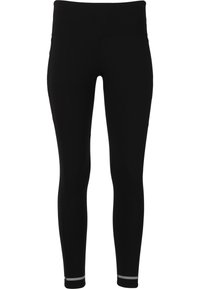Zwarte legging gemaakt van rekbaar materiaal, met een hoge tailleband, een effen ontwerp en reflecterende accenten bij de enkel.