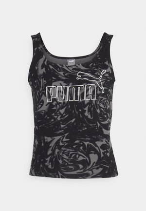 Top noir sans manches Puma avec logo blanc et nom de la marque sur un motif tourbillonnant abstrait gris foncé et noir.