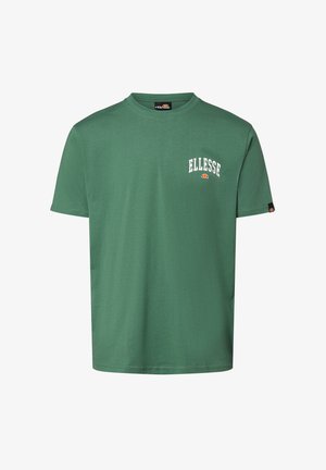 Zelené tričko s krátkým rukávem vyrobené z bavlny, s bílým logem "ELLESSE" a oranžovým designem kopule na levé hrudi. Klasický kulatý výstřih.
