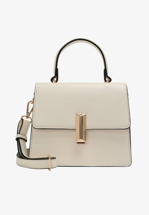 Sac à main en cuir beige avec poignée supérieure, fermoir rectangulaire doré et bandoulière amovible avec boucle dorée.