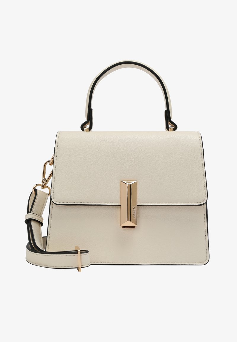 Sac à main en cuir beige avec poignée supérieure, fermoir rectangulaire doré et bandoulière amovible avec boucle dorée.