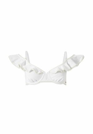 Bela bralette z naborki na ramnih trakih, strukturirana tkanina in nežna čipkasta obreza ob robovih. Ima preprost zaponko.