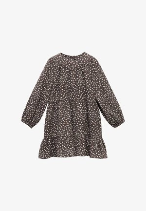 Braunes, gestuftes Kleid mit langen Ärmeln und rundem Ausschnitt, das mit einem weißen Blättermuster versehen ist und aus leichtem Stoff besteht.