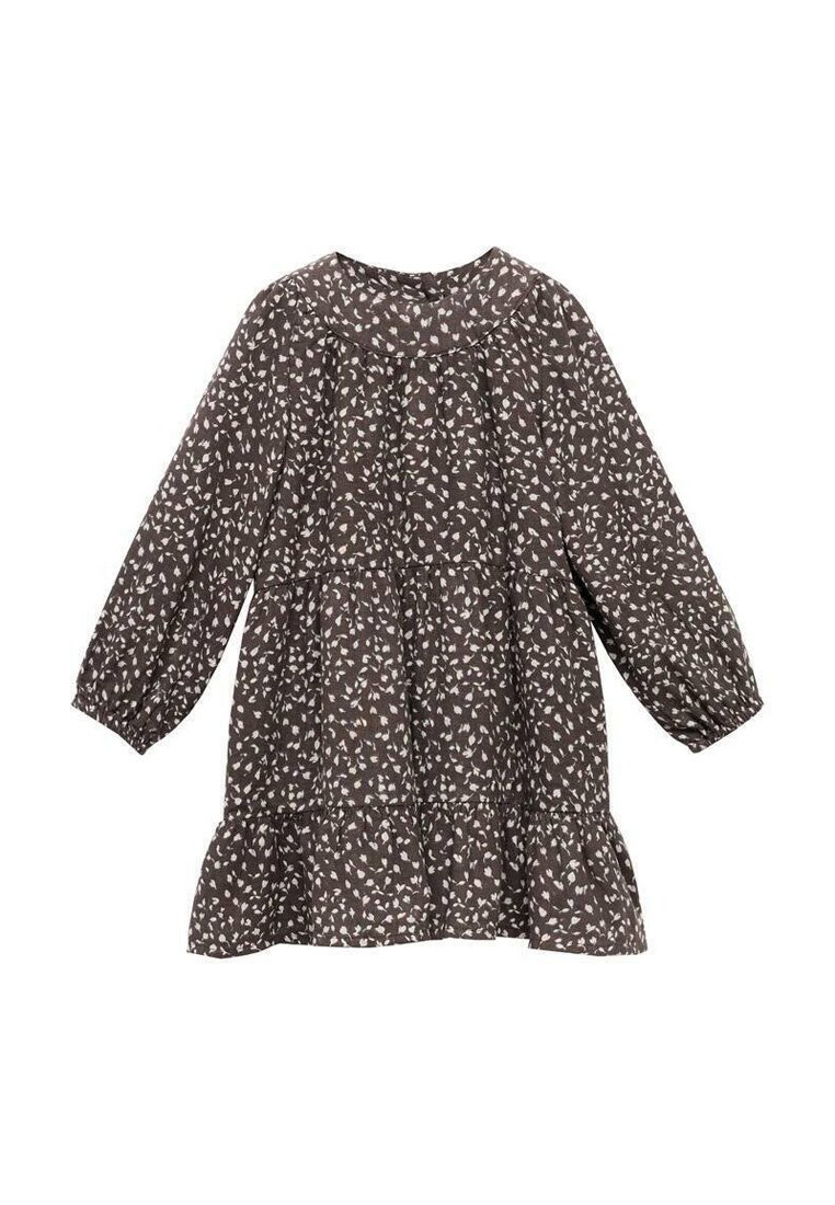 Braunes, gestuftes Kleid mit langen Ärmeln und rundem Ausschnitt, das mit einem weißen Blättermuster versehen ist und aus leichtem Stoff besteht.