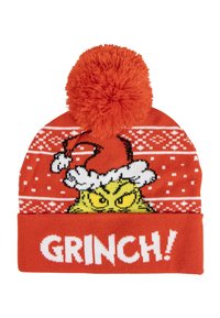 Rode gebreide beanie met een grote oranje pompon bovenop, versierd met een Grinch-afbeelding en de tekst "GRINCH!" in het wit op de omslag.