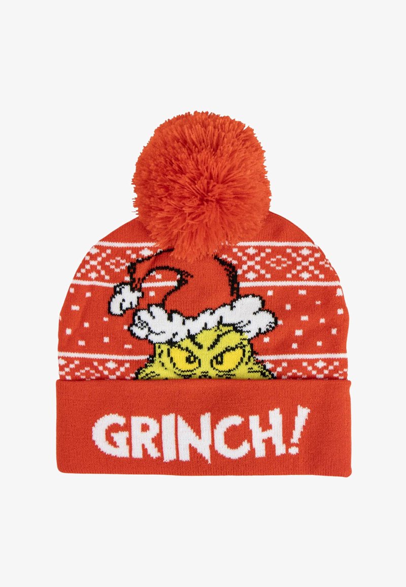 Bonnet en tricot rouge avec un grand pom-pom orange sur le dessus, décoré d'un graphique du Grinch et du texte "GRINCH!" en blanc au niveau du bracelet.