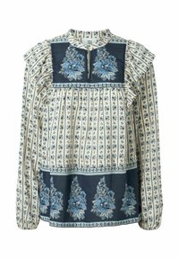 Blusa a maniche lunghe con colletto a volant, caratterizzata da un design floreale blu su sfondo crema e dettagli a righe. Corpo plissettato, chiusura con bottoni.