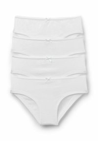 Cinque paia di mutandine bianche in cotone per donna, caratterizzate da un tessuto morbido, bande elastiche in vita e piccoli fiocchi decorativi nella parte anteriore.