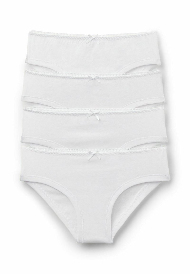 Cinque paia di mutandine bianche in cotone per donna, caratterizzate da un tessuto morbido, bande elastiche in vita e piccoli fiocchi decorativi nella parte anteriore.