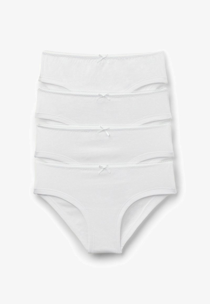 Fünf Paare von weißen Baumwollunterhosen für Frauen mit weichem Stoff, elastischen Bündchen und kleinen dekorativen Schleifen vorne.