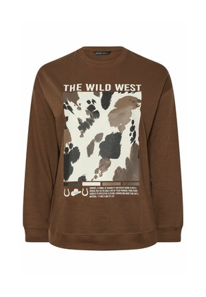 Ruskea huppari, jossa on suuri valkoinen ja ruskea graafinen kuvio, joka esittää lehmäkuviota ja teksti "THE WILD WEST". Hihansuissa on käänteet ja malli on rento.