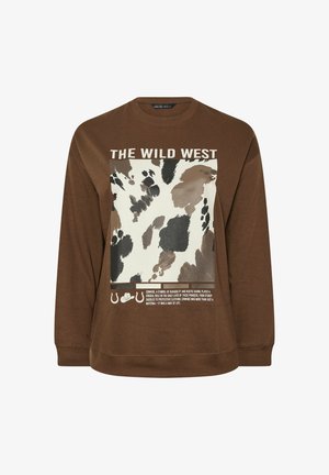 Sudadera marrón con un gran gráfico en blanco y marrón que presenta un estampado de vaca y el texto "EL OESTE SALVAJE". Mangas con puños y un corte relajado.