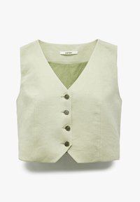 Lichtgroene linnen gilet met een V-hals, vijf knoopsluitingen en een cropped design. De stof heeft een gestructureerde, matte afwerking.