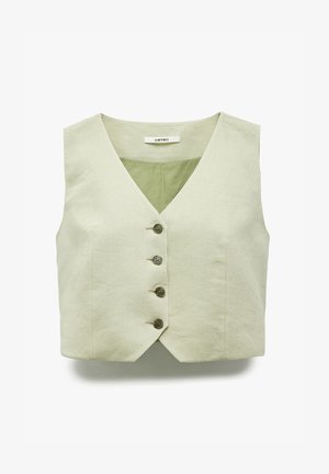 Jasnozielona lniana kamizelka z dekoltem w serek, pięcioma guzikami oraz krótkim krojem. Materiał ma teksturowane, matowe wykończenie.