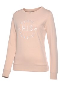 Sudadera de color rosa claro con cuello redondo, puños y dobladillo acanalados. Presenta texto bordado: "HENRY H.I.S 19 23". Textura de tela suave y lisa.