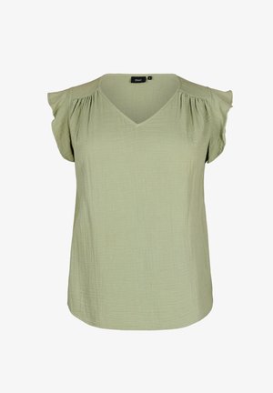 Gai zaļš V veida kakla blūze ar īsām viļņainām piedurknēm, teksturēts audums un brīva piegriezuma. Etiķete norāda "Zizzi."