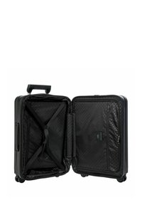 Valigia nera su ruote con design aperto. Presenta una fodera a motivo esagonale, cinghie incrociate e un compartimento con zip sul lato.