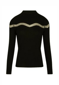 Maglione a coste nere con collo alto e maniche lunghe, caratterizzato da un'accenno ondulato a righe argentate attraversa il petto.