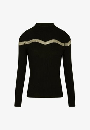 Maglione a coste nere con collo alto e maniche lunghe, caratterizzato da un'accenno ondulato a righe argentate attraversa il petto.