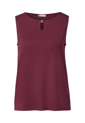 Burgundy utan ärmar topp med rund halsringning och nyckelhålsdetalj framtill, tillverkad av mjukt, slätt tyg.